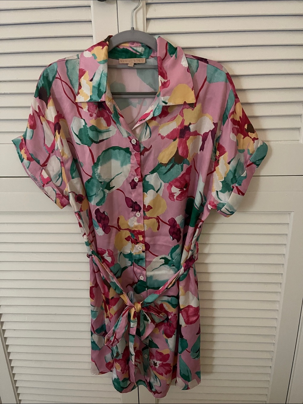 Pink Floral Button-Front Shirt Dress with Tie Waist